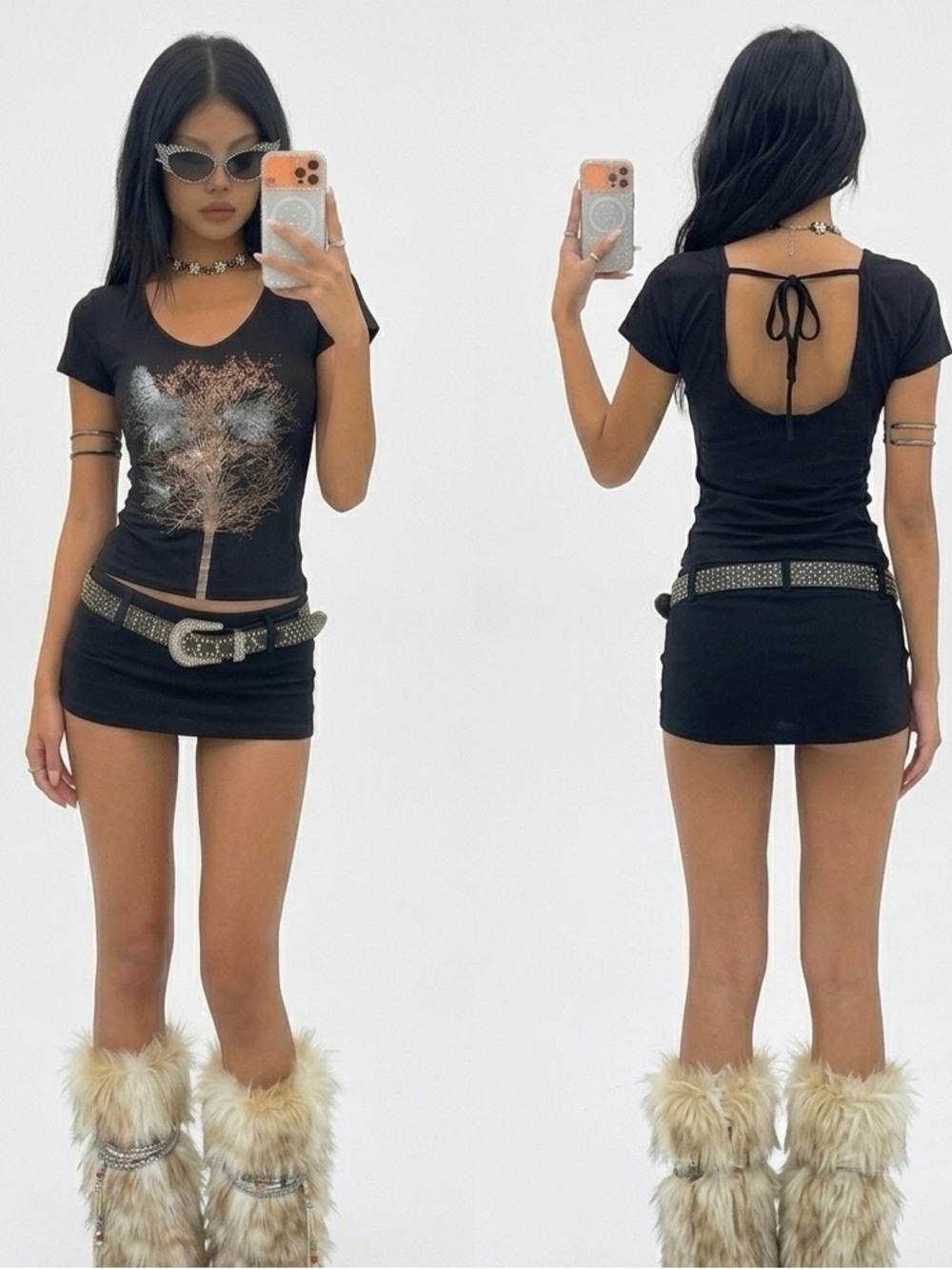 🖤 Y2K Miley Cyrus Max Azria Metallic Tree Birds Graphic Tie Back Top M